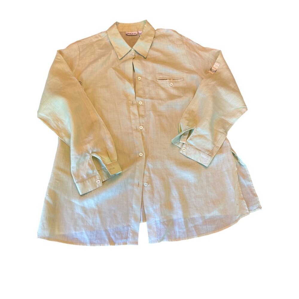 Toto A Ko Womens 1X 100% Linen Long Sleeve Button-Up Shirt Light Green